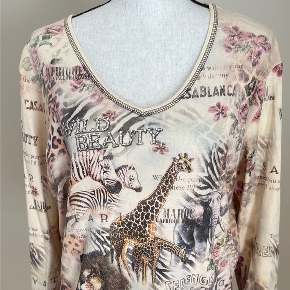 Vintage Y2K Christopher & Banks Safari Wild Beauty African Animal Print Top XL - Picture 2 of 8
